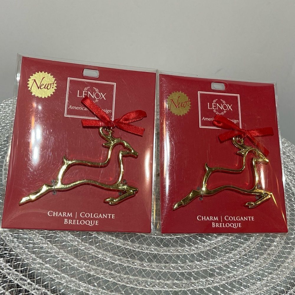 Lenox Golden Reindeer Charm Christmas Ornaments Set of 2 NWT